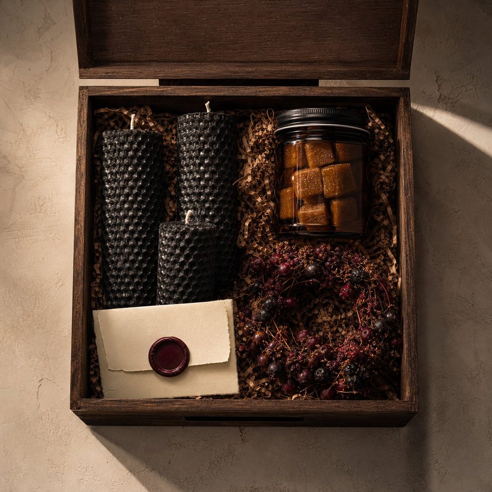 Open walnut crate holding three black hand-dipped candles, a jar of apple caramels, a dried bramble wreath and a wax-sealed note card.