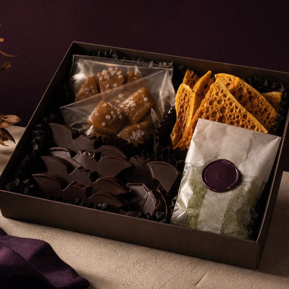 Open kraft box of wrapped sweets: glassine bags of salted caramels, dark chocolate bats, honeycomb shards and a wax-sealed pouch of green apple chews.